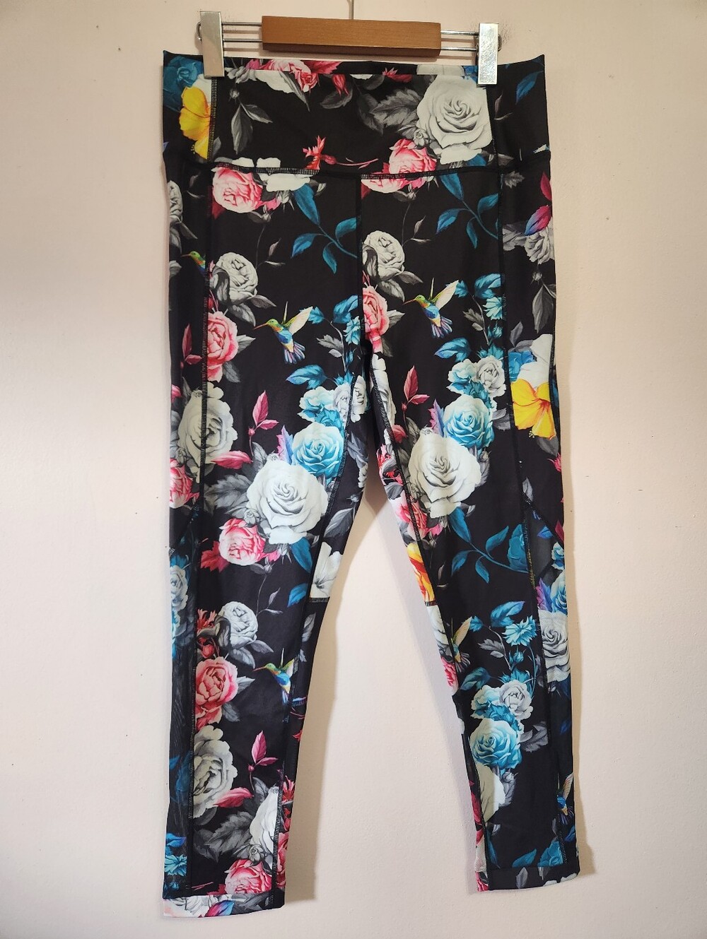 ZYIA Active Dark Floral Hummingbird Mesh Panel High Rise Leggings Plus 16-18